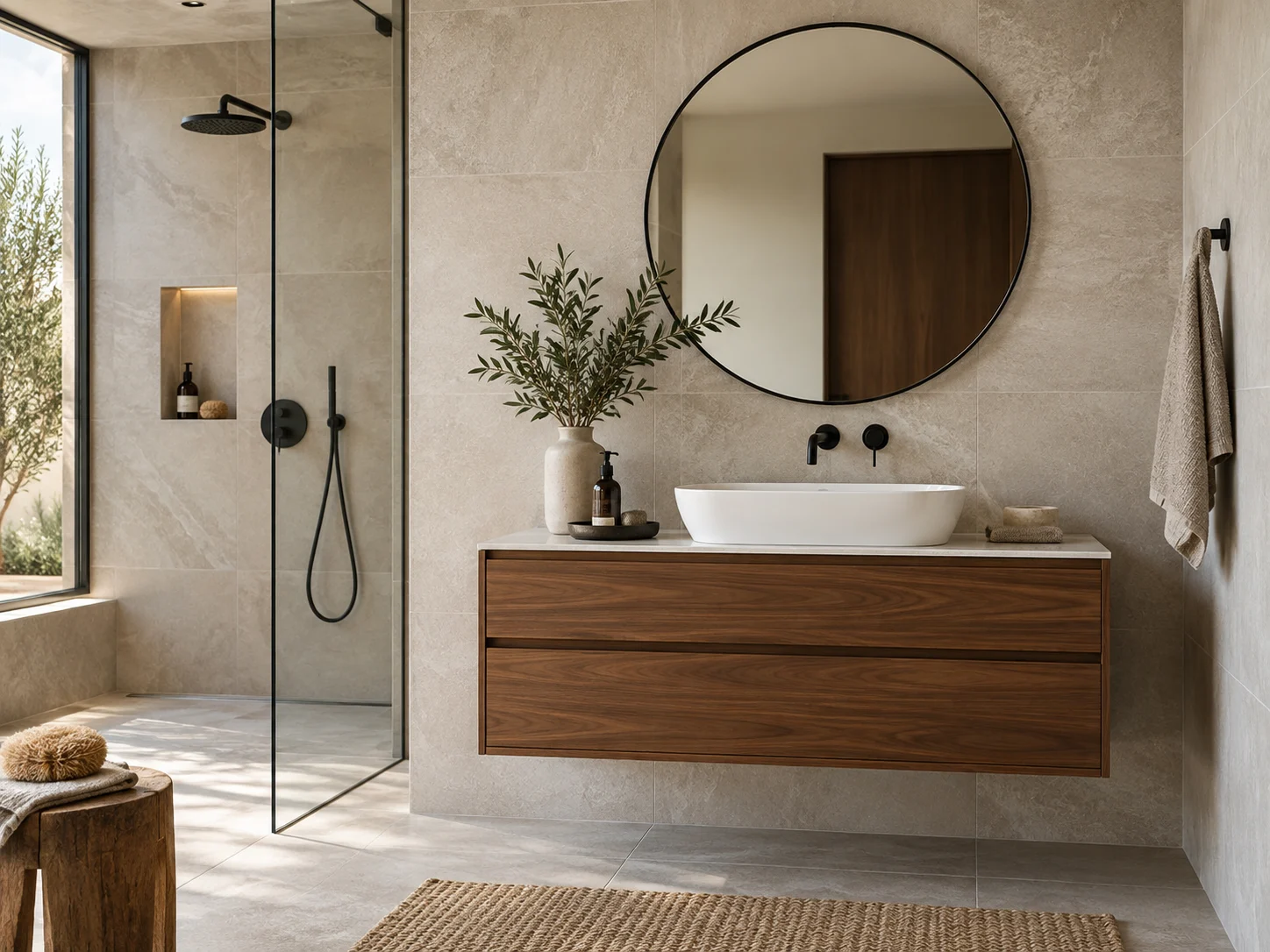 Inspiración de baño con mueble de madera y espejo circular