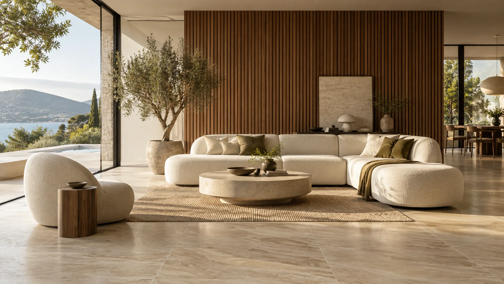 Inspiración de sala luminosa con piso claro y pared de listones de madera