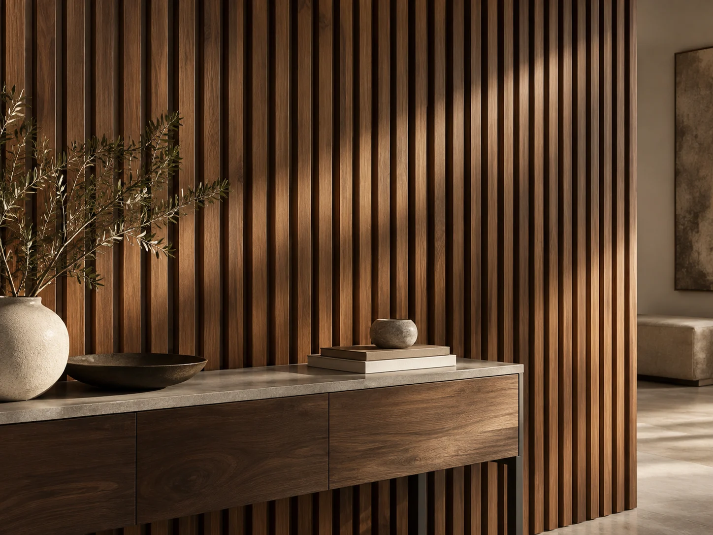 Inspiración de pared decorativa con wall panel de madera