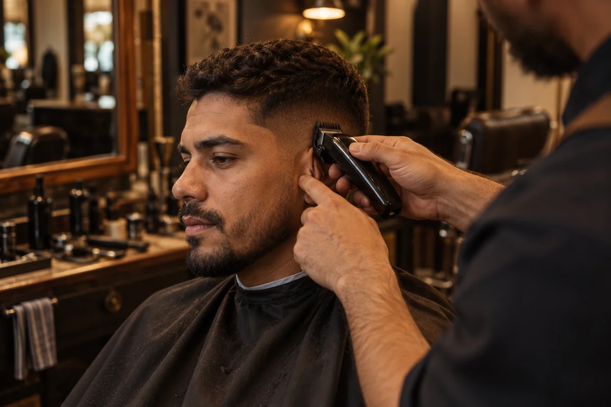 Detalle de un corte de cabello con máquina en la barbería