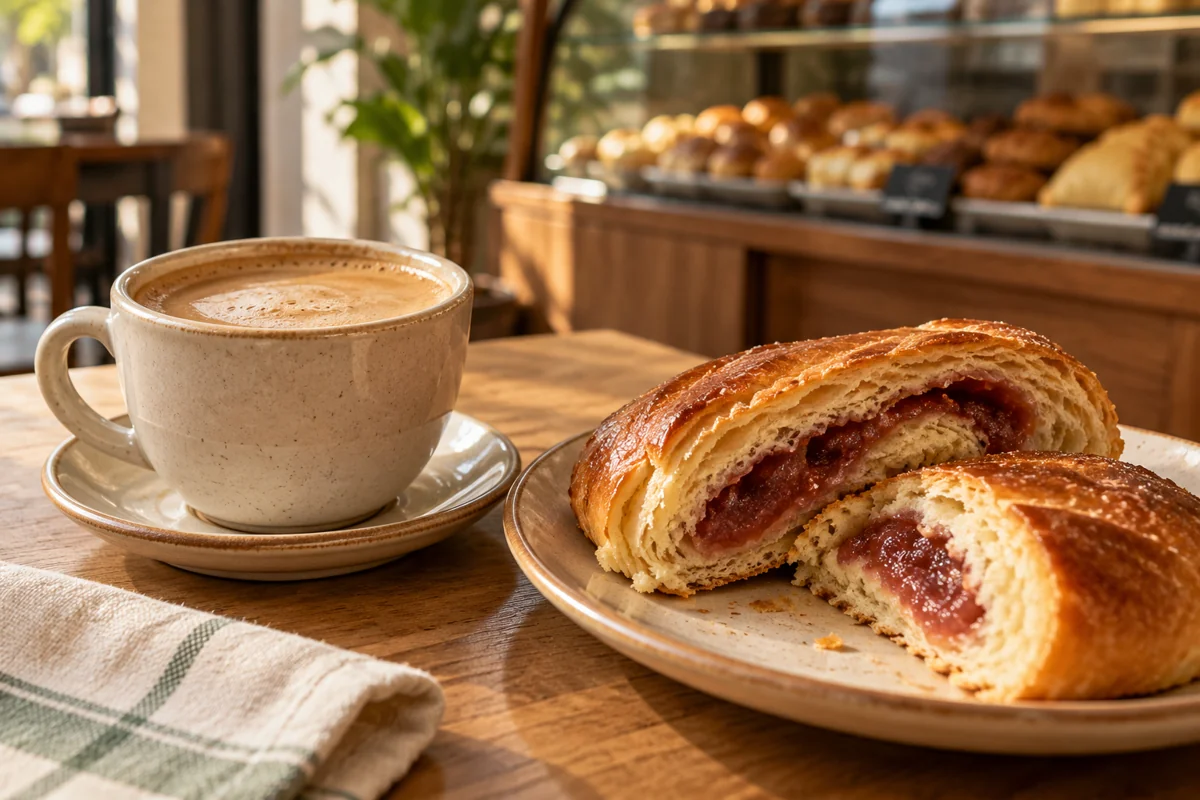 Café con leche y pan relleno de guayaba en la panadería