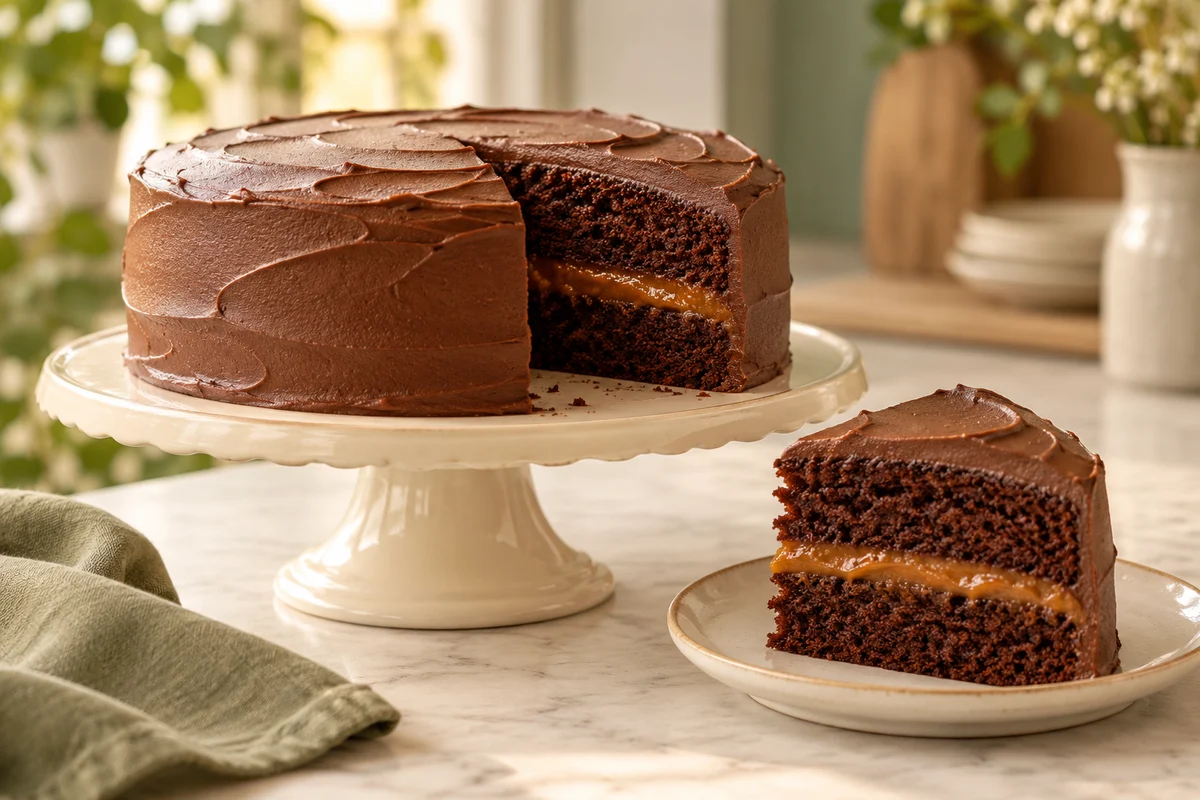 Torta de chocolate con relleno de arequipe y una porción cortada