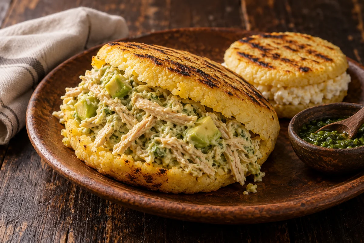 Arepa de pollo y aguacate recién preparada en un plato de barro
