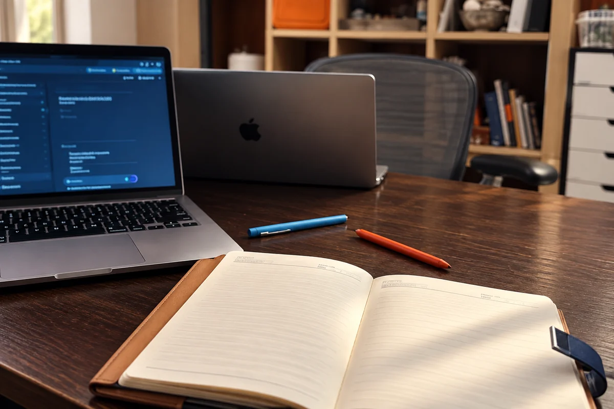 Escritorio con computadoras y una libreta de trabajo